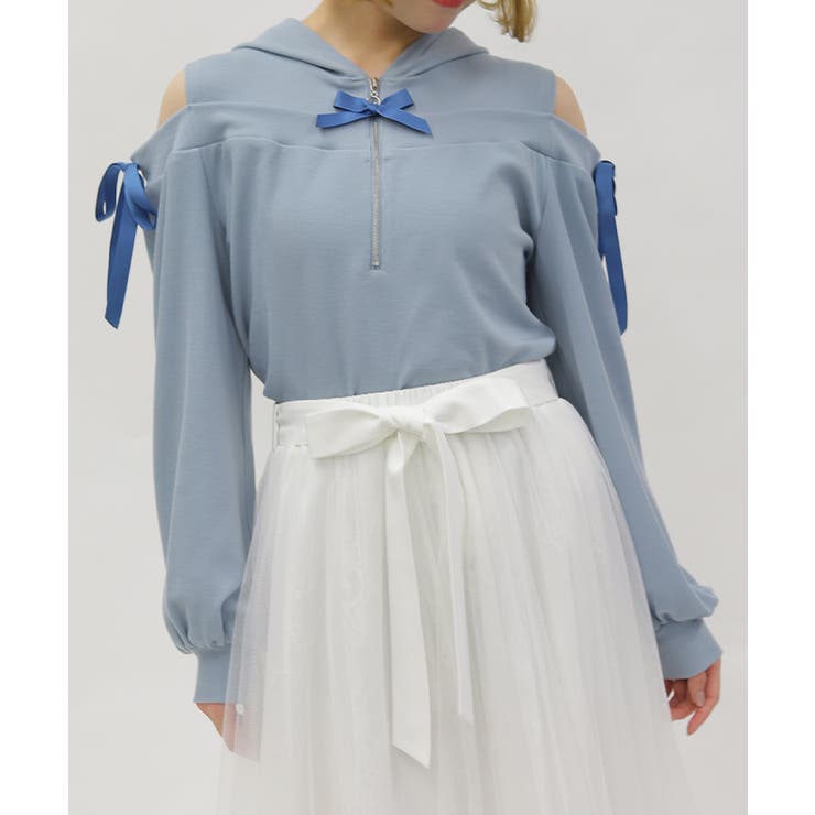 サックス | リボン付きオフショルリブプルオーバー | axes femme