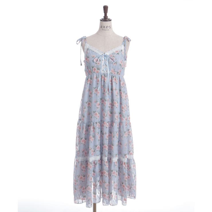 Axes femme 水色 花柄 長袖 ティアードワンピース 花柄ティアードキャミワンピース[品番：IGAW0006680]｜axes