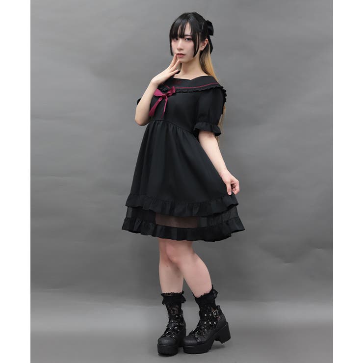 黒 | クロス刺繍セーラーミニワンピース | axes femme