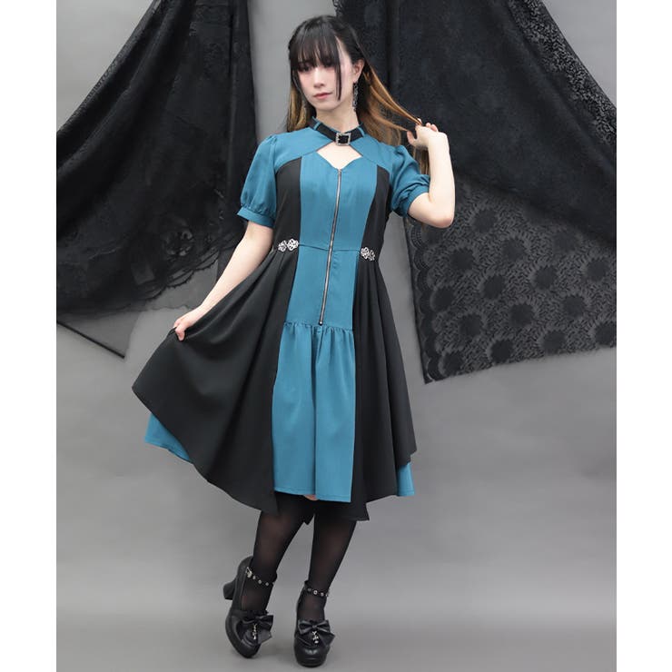 ブルーグリーン | 金具デザインバイカラーワンピース | axes femme