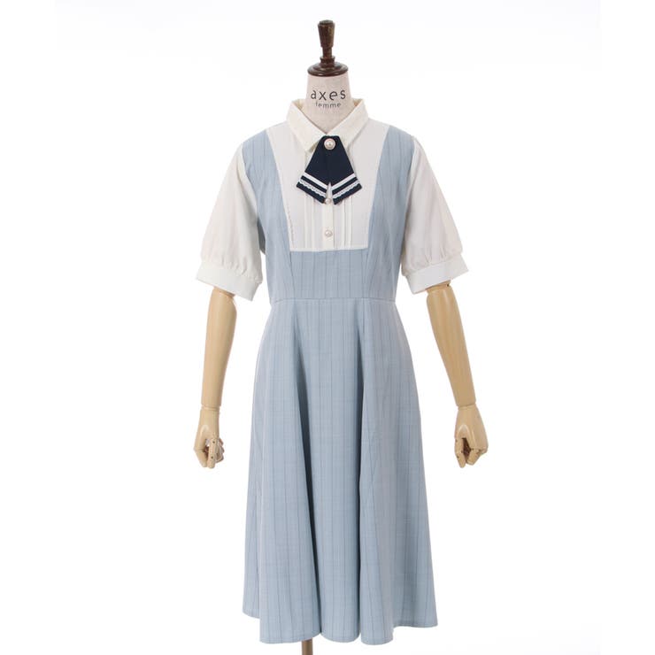 タイ付重ね着風ストライプOP[品番：IGAW0003504]｜axes femme