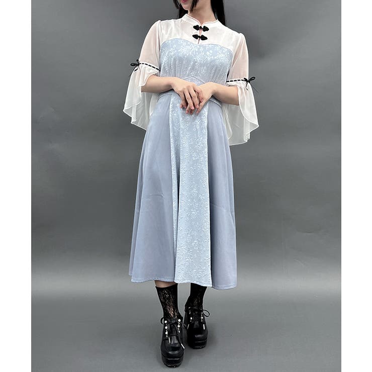 QutieFrash 着物袖風アームカバー付 オフショルダーチャイナワンピース QutieFrash 着物袖風アームカバー付 オフショルダーチャイナワンピース