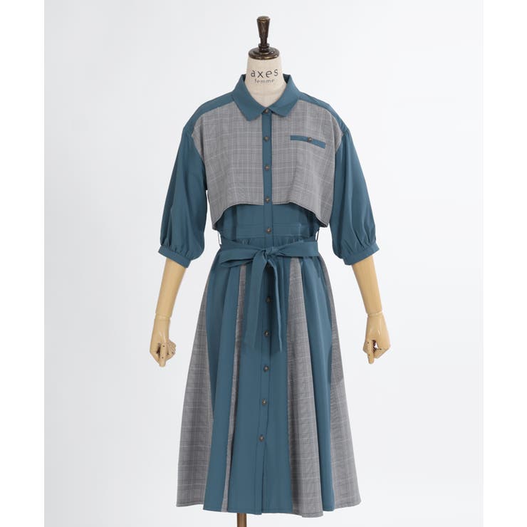 ブルー | チェック×パッチワークワンピース | axes femme