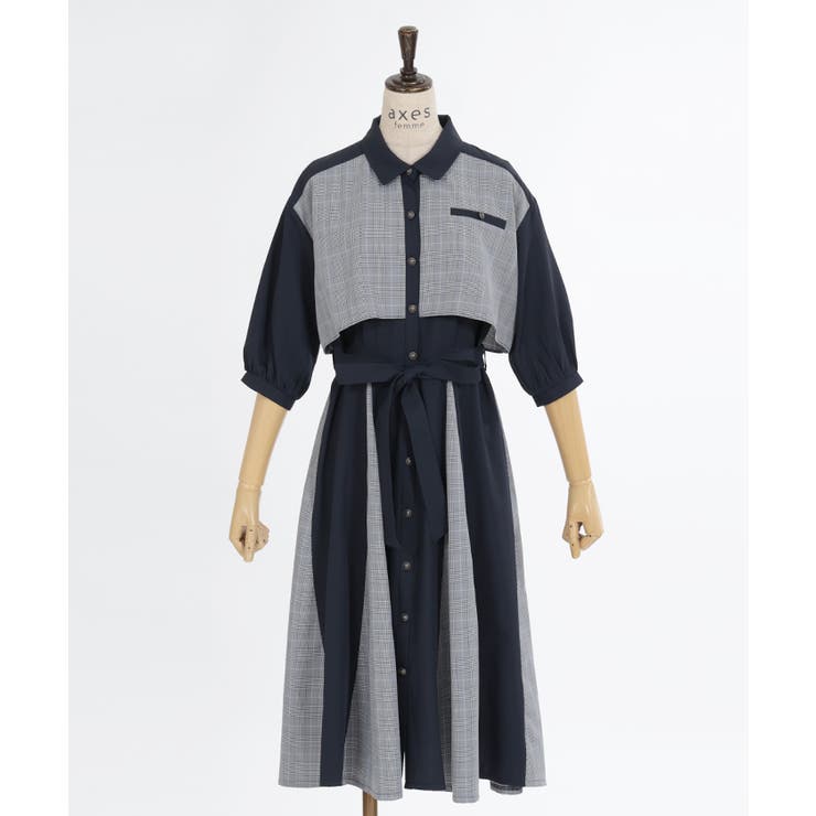紺 | チェック×パッチワークワンピース | axes femme
