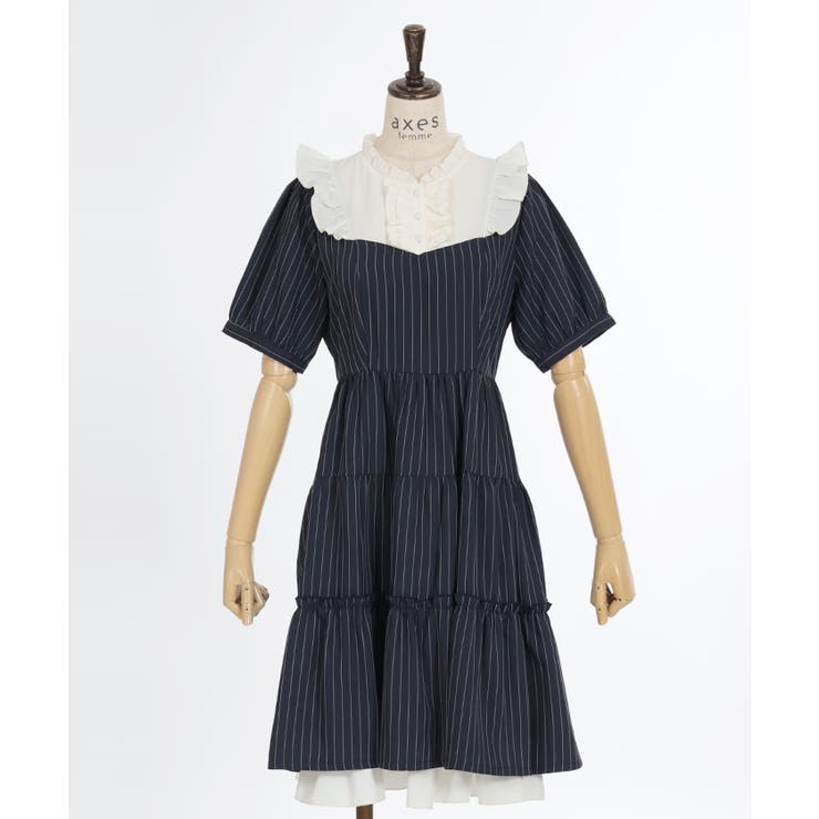 axes femme ワンピース ストライプ シアーティアードスカート リボン 蝶刺繍リボンストライプジャンスカ | レディース服・レディース