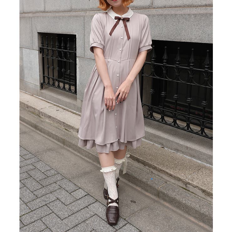 グレージュ | ブローチ付きバイカラーワンピース | axes femme