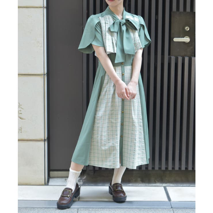 ワンピース Realisation par check print one-piece セール】パッチワーククロシェニットワンピース（ワンピース