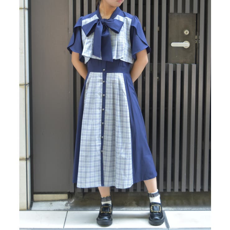 紺 | チェックパッチワークワンピース | axes femme