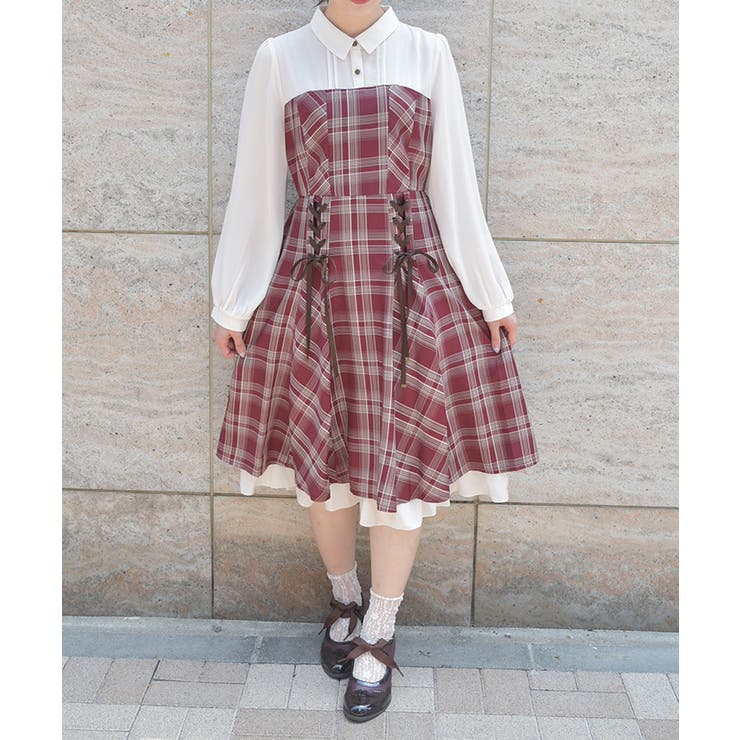 ワイン | ビスチェ切替レースアップワンピース | axes femme