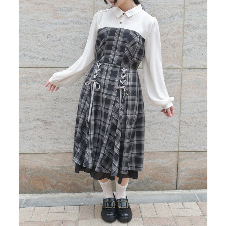 黒 | ビスチェ切替レースアップワンピース | axes femme