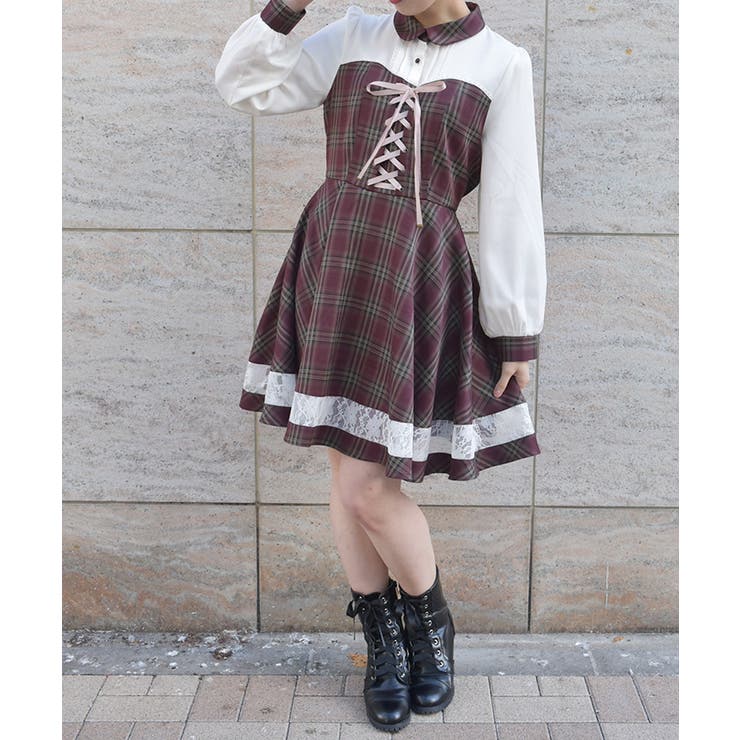 ワイン | ビスチェ切替チェック柄ワンピース | axes femme