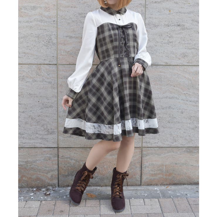 茶 | ビスチェ切替チェック柄ワンピース | axes femme