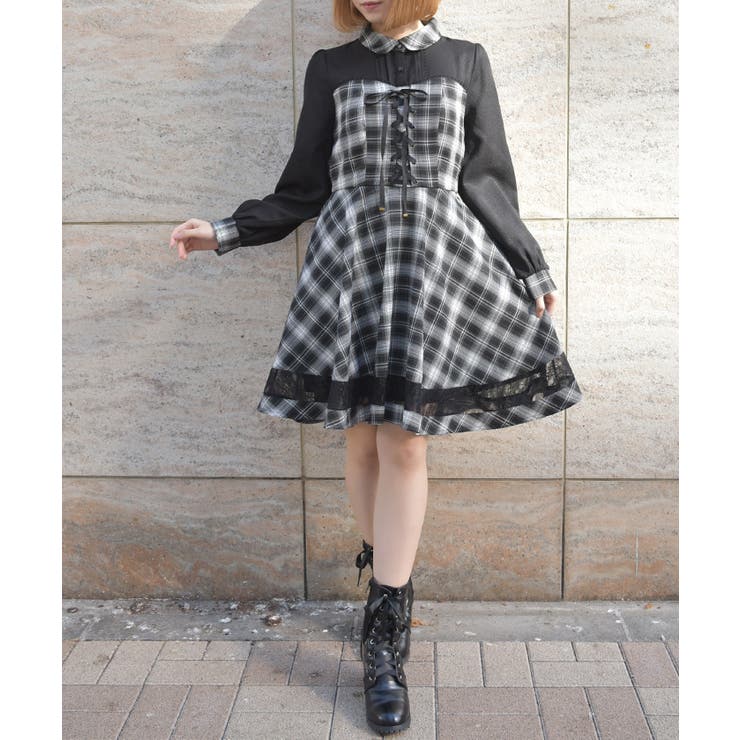 黒 | ビスチェ切替チェック柄ワンピース | axes femme