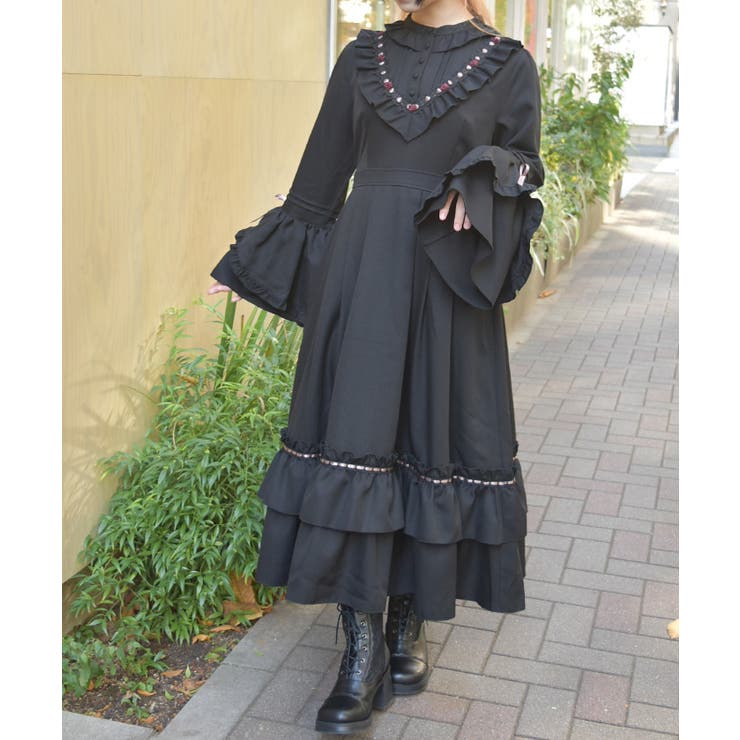 黒 | ローズ×リボン姫袖ワンピース | axes femme