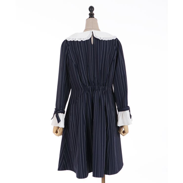 最終価格！M's カタログ　aライン リボン フリル ストライプ ワンピース 袖リボンフリルストライプOP[品番：IGAW0000638]｜axes femme