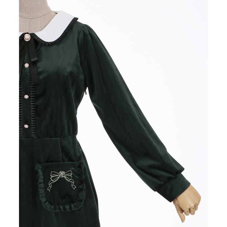 MORI-KEI 古着 axes femme ベロアリボン レース刺繍ワンピ ポケットリボン刺繍ベロアOP[品番：IGAW0000985]｜axes femme