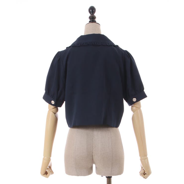 プトマヨ　フリル付きブラックショートジャケット 麻調メッシュノーカラーショートジャケット｜BIGI online store
