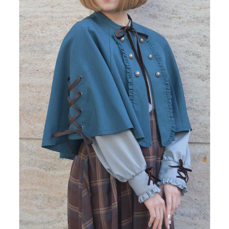 ブルーグリーン | Ｗ釦レースアップケープ | axes femme