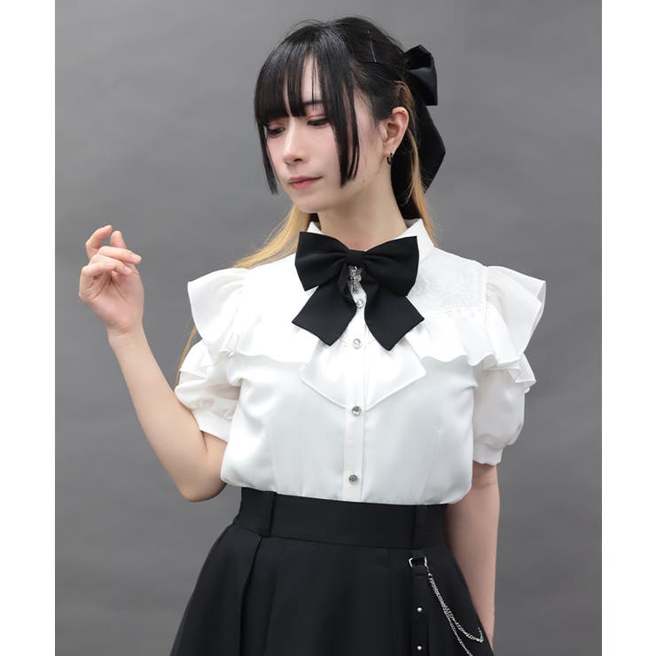 チャームリボン肩あき半袖ブラウス[品番：IGAW0007741]｜axes femme