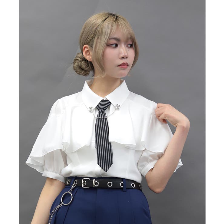 タイ付ラッフルフリル半袖ブラウス | axes femme | 詳細画像1 