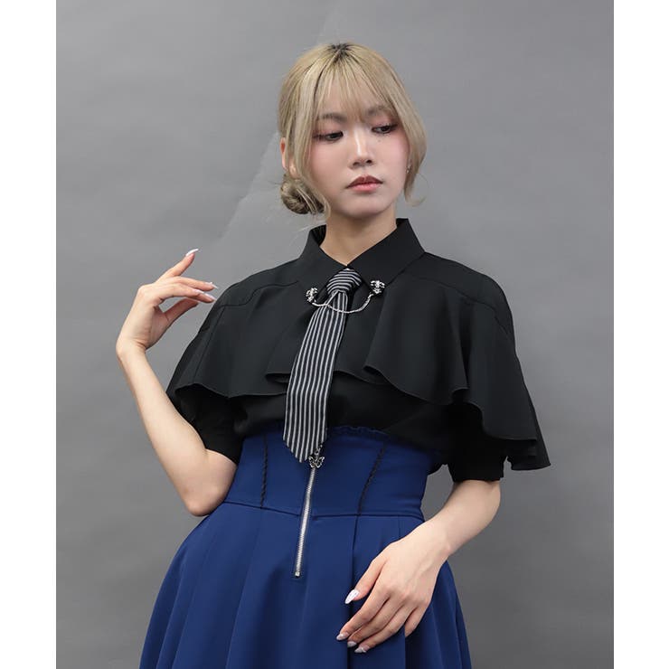 黒 | タイ付ラッフルフリル半袖ブラウス | axes femme