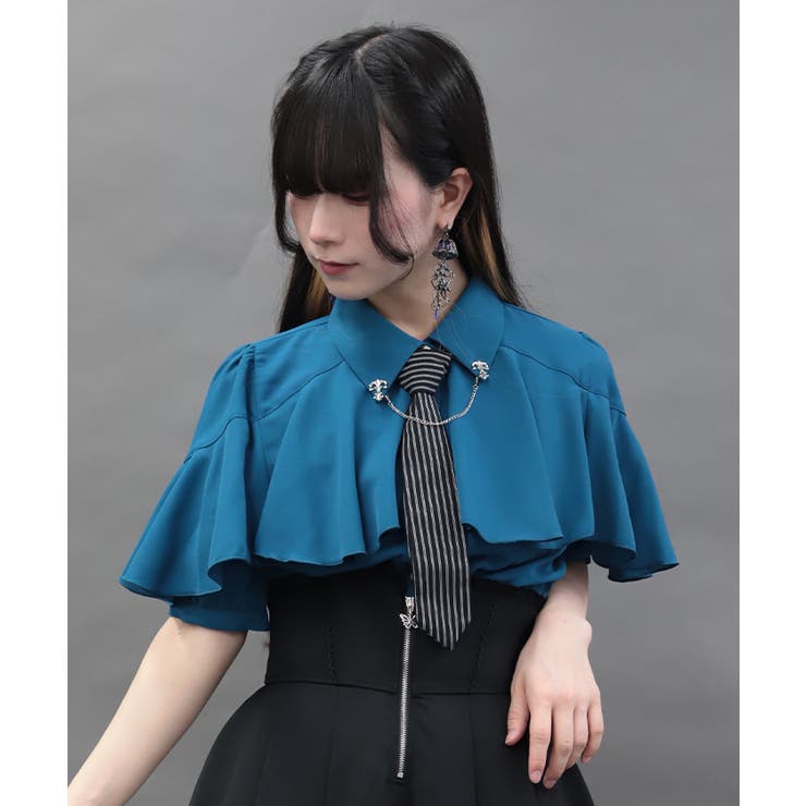 ブルーグリーン | タイ付ラッフルフリル半袖ブラウス | axes femme