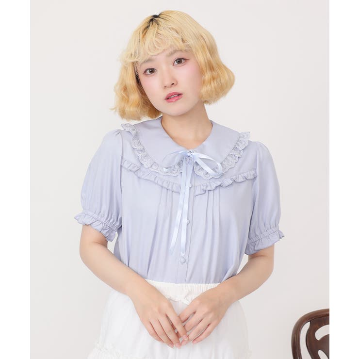 サックス | リボン付きレース丸衿ブラウス | axes femme