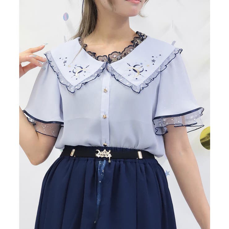 サックス | ルミナスムーン刺繍ブラウス | axes femme
