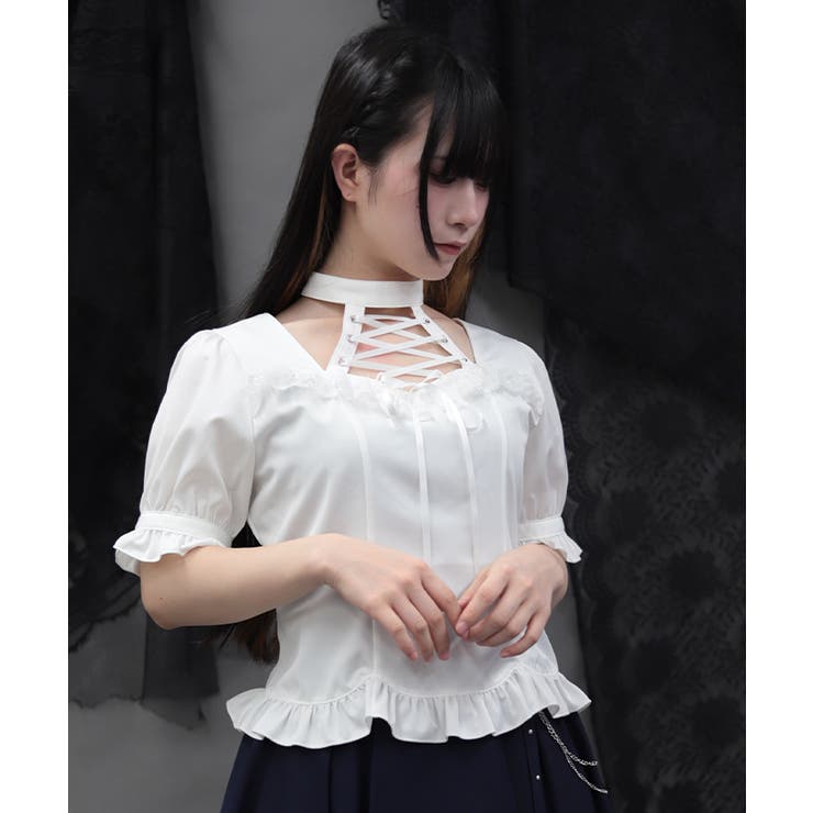 白 | デコルテレースアップ半袖ブラウス | axes femme