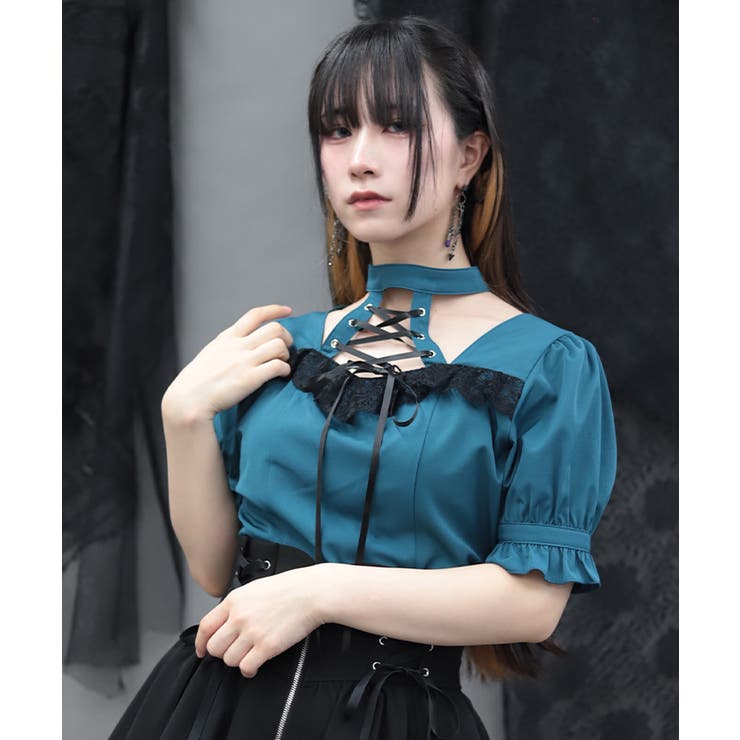 ブルーグリーン | デコルテレースアップ半袖ブラウス | axes femme