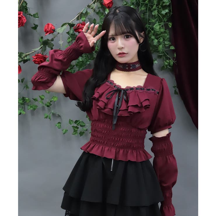 ワイン | チョーカー付シャーリングブラウス | axes femme