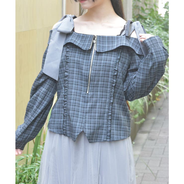 チェックオフショルリボンプルオーバー | axes femme | 詳細画像1 