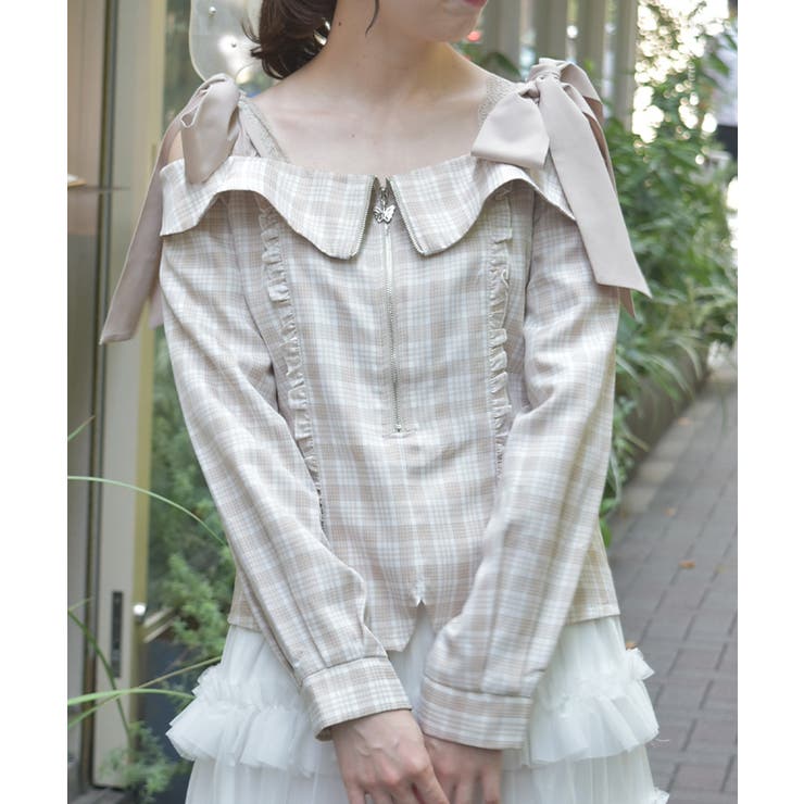 ベージュ | チェックオフショルリボンプルオーバー | axes femme