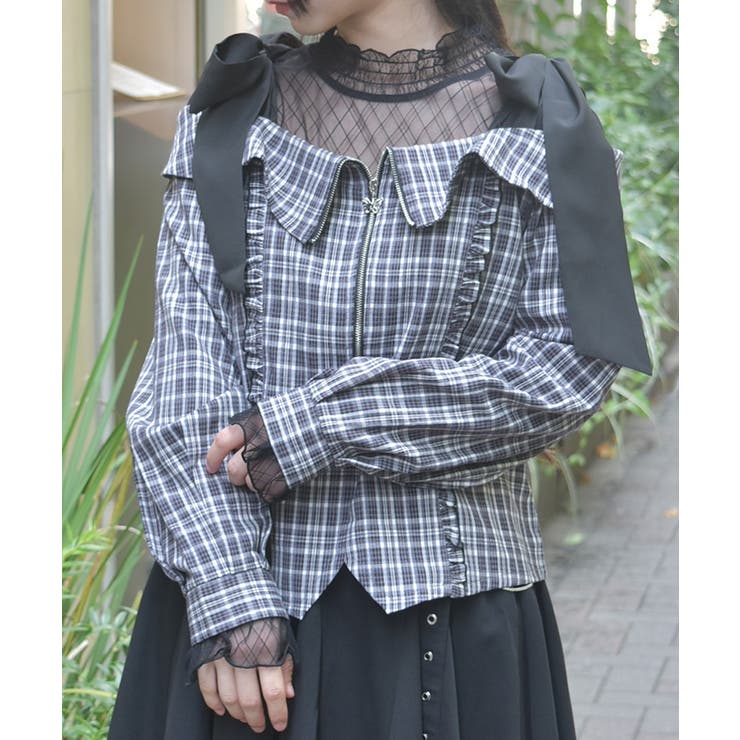 黒 | チェックオフショルリボンプルオーバー | axes femme