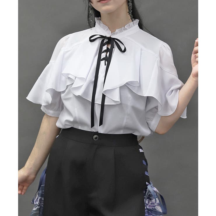 白 | レースアップラッフルブラウス | axes femme