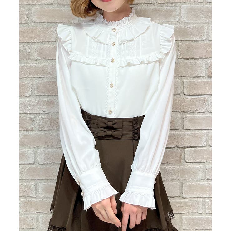 白 | スタンドカラーフリルブラウス | axes femme