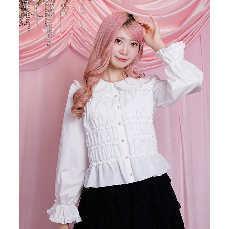 白 | シャーリングフリル丸襟ブラウス | axes femme