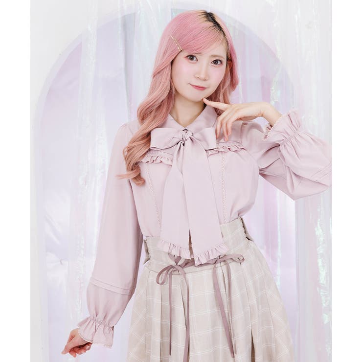 ピンク | ボウタイリボン付きフリルブラウス | axes femme