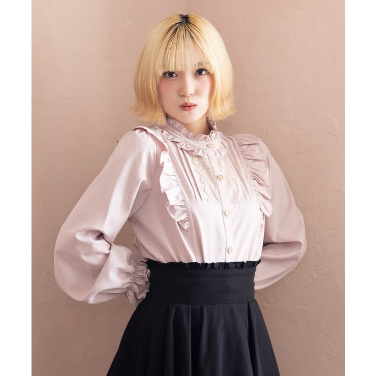 ピンク | スタンドカラー肩フリルブラウス | axes femme