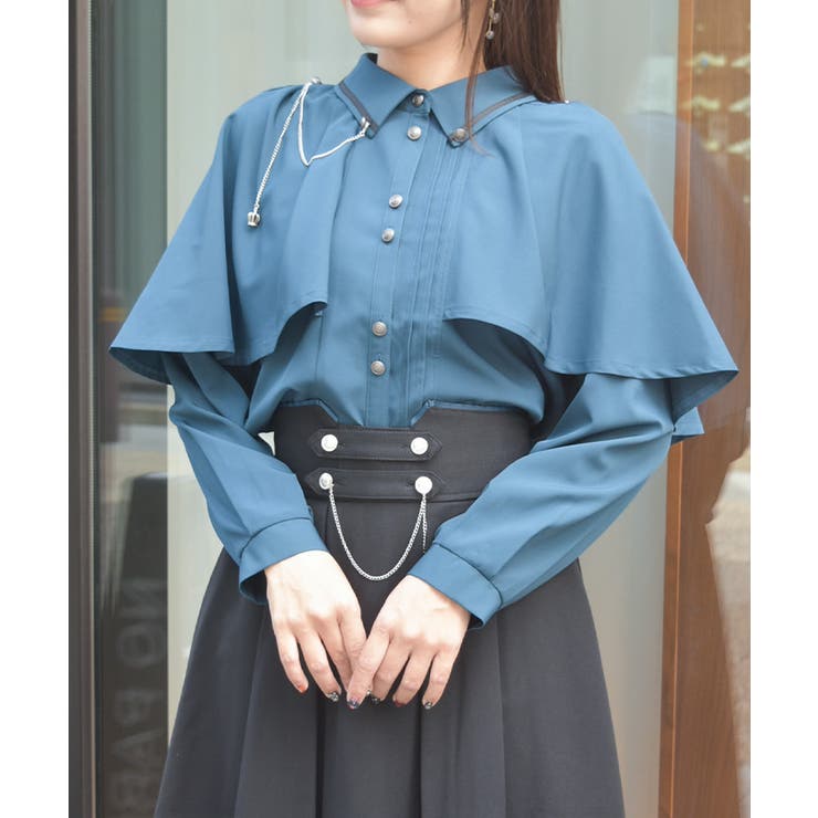 ブルーグリーン | 連釦×チェーン付ケープ風ブラウス | axes femme