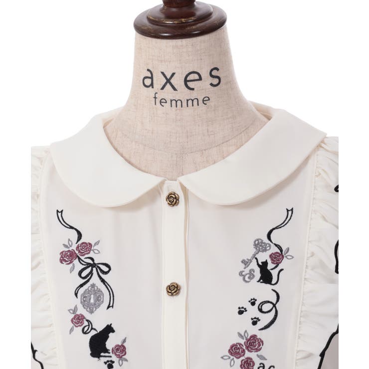 猫刺繍ヨークフリルブラウス[品番：IGAW0004702]｜axes femme