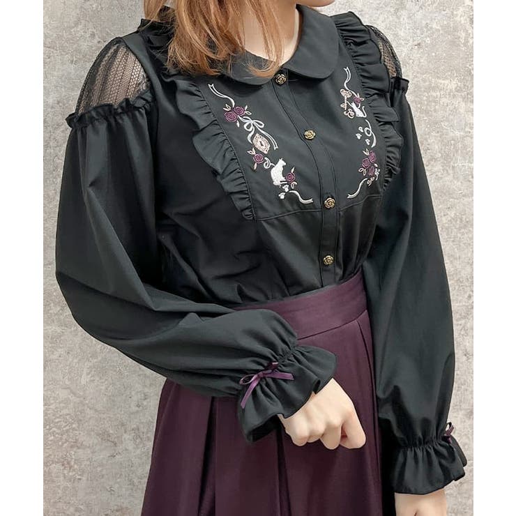 猫刺繍ヨークフリルブラウス[品番：IGAW0004702]｜axes femme