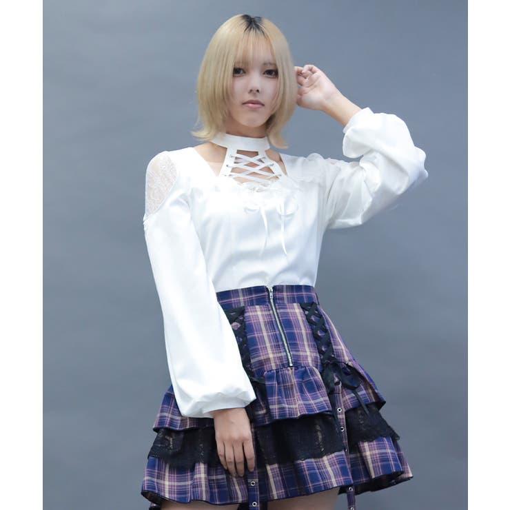 白 | デコルテレースアップブラウス | axes femme