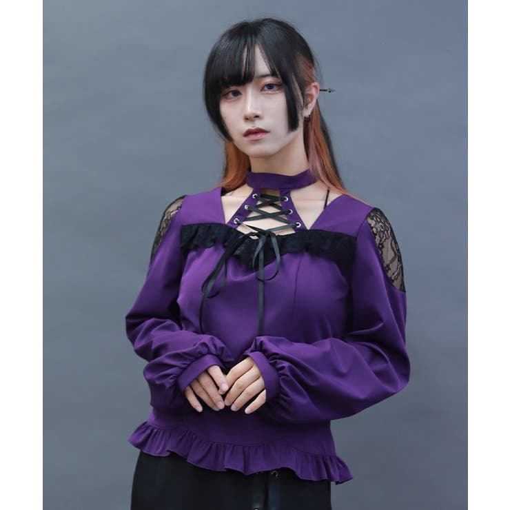 パープル | デコルテレースアップブラウス | axes femme
