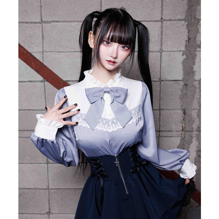 グレー | リボンブローチバイカラーブラウス | axes femme