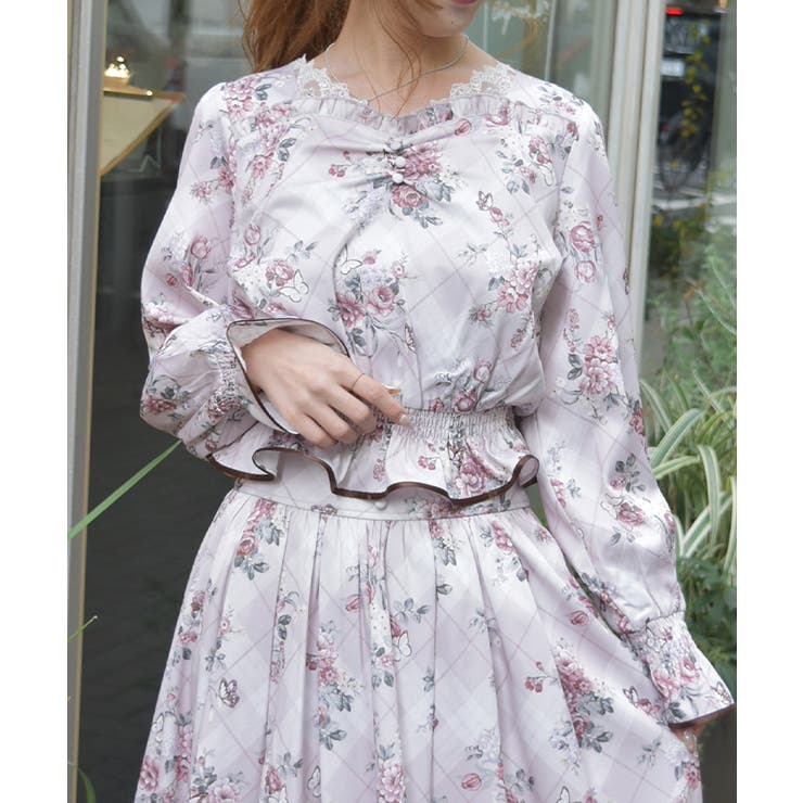 ピンク | チェック×フラワー柄ブラウス | axes femme