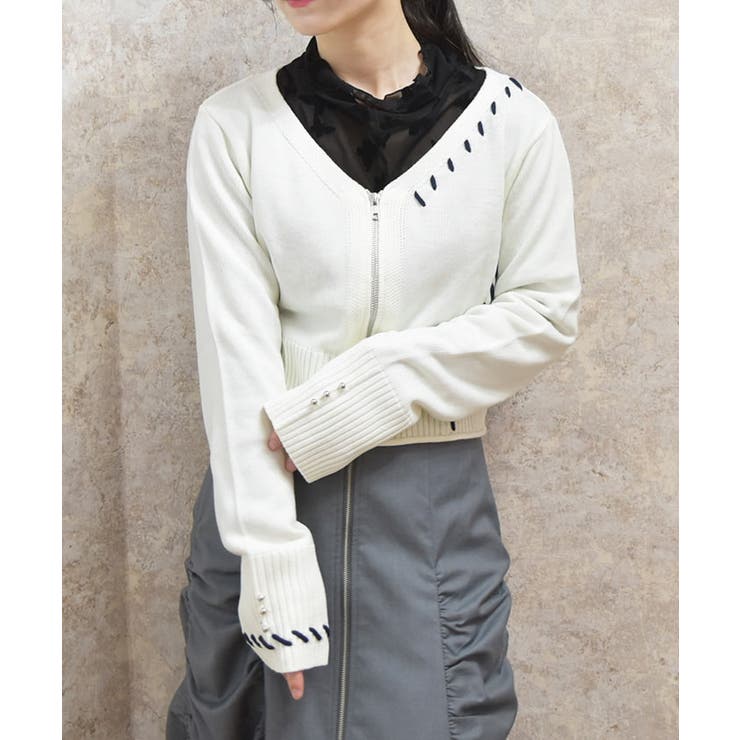 白 | ジップ付ステッチショートカーディガン | axes femme