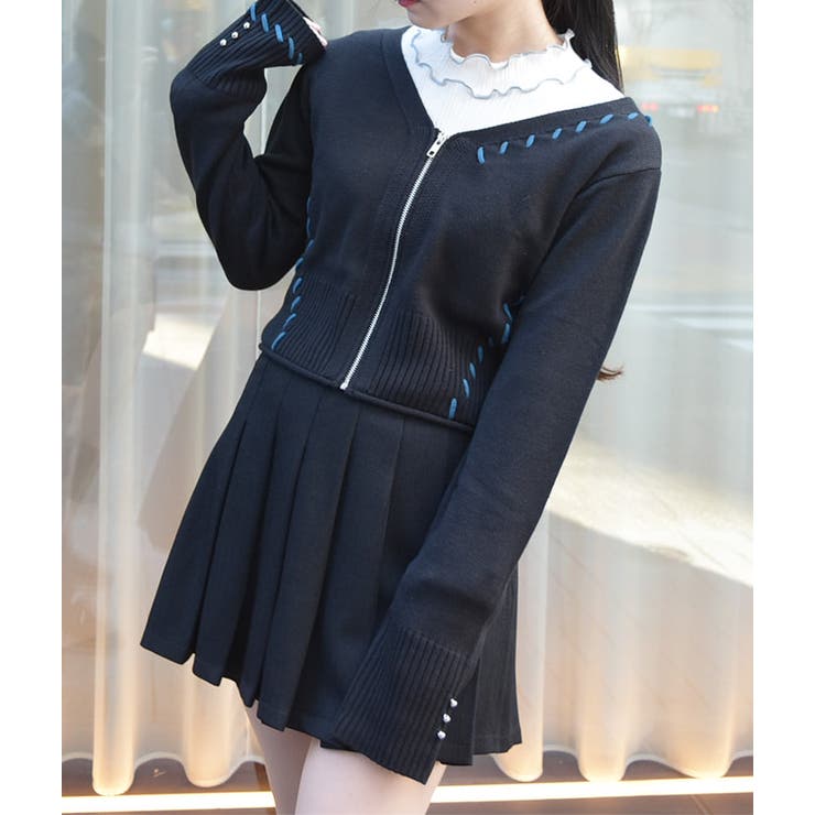 黒 | ジップ付ステッチショートカーディガン | axes femme