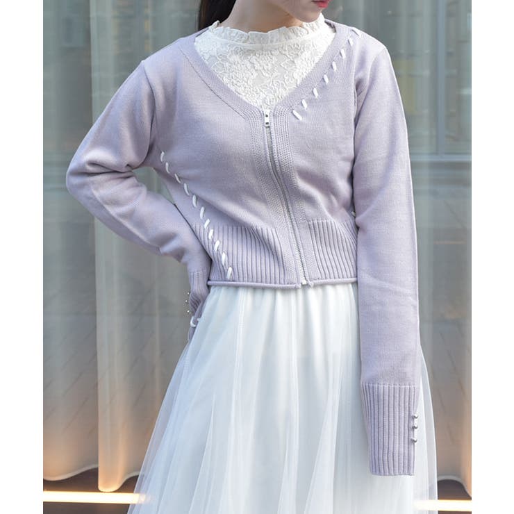 ラベンダー | ジップ付ステッチショートカーディガン | axes femme