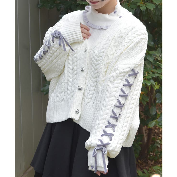 白 | レースアップモールヤーンカーディガン | axes femme